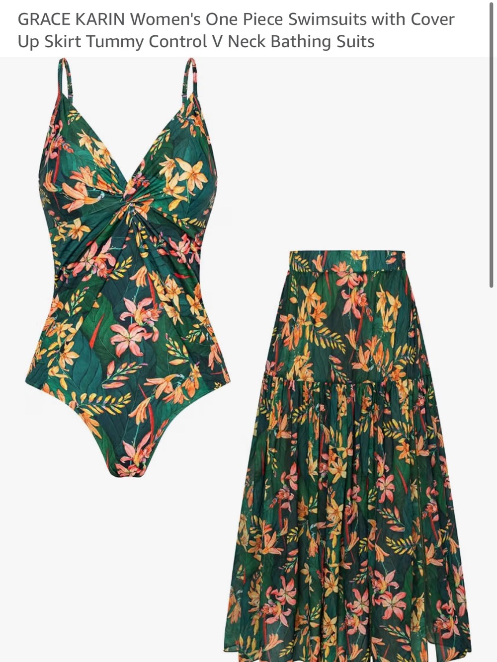 Grace Karin Green Floral One-Piece Swimsuit with Matching Cover Skirt